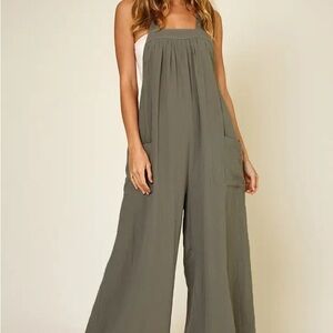 Ces Femme Olive Green Cotton Tie Back Wide-Leg Jumpsuit
